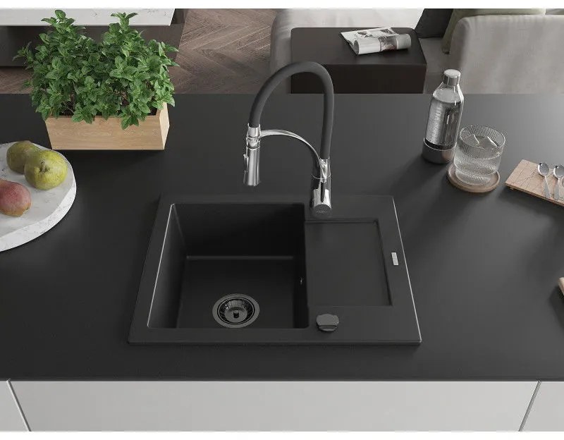 Mexen Enzo, 1 kamrás gránit mosogató 576x465x174 mm és Aster mosogató csaptelep, fekete, 6506-77-73450-07-B
