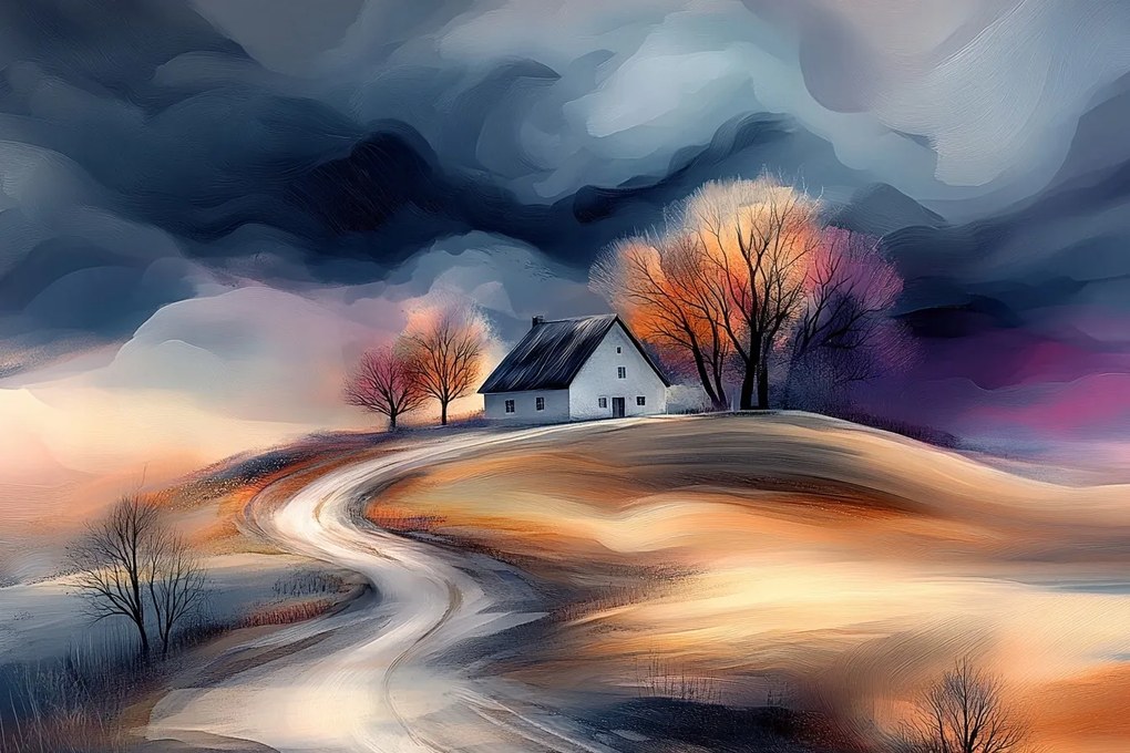 Vászonkép Canvas Tájkép Dombok Falu Ház Fa Felhők Vihar 60x40