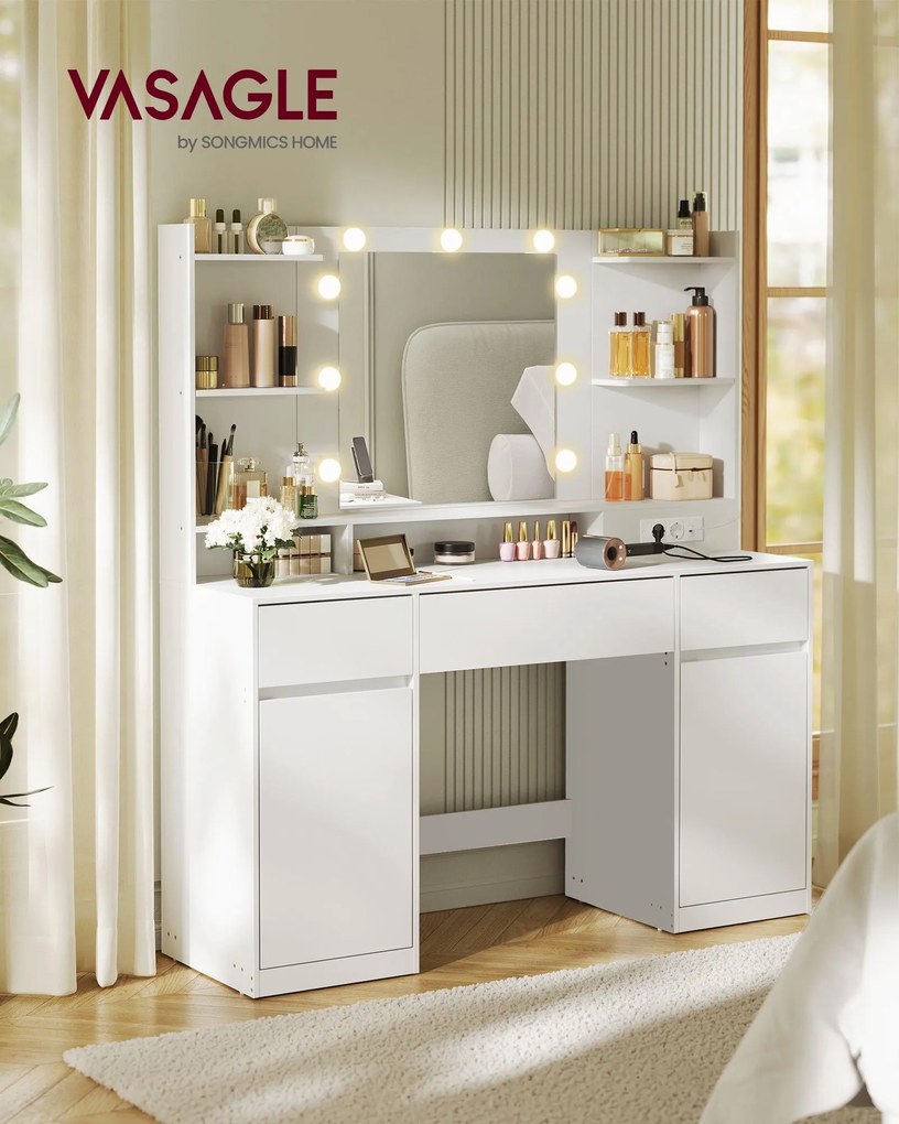 KAILYN Fésülködő asztal, tükrös sminkasztal LED világítással puffal és 2 szekrénnyel