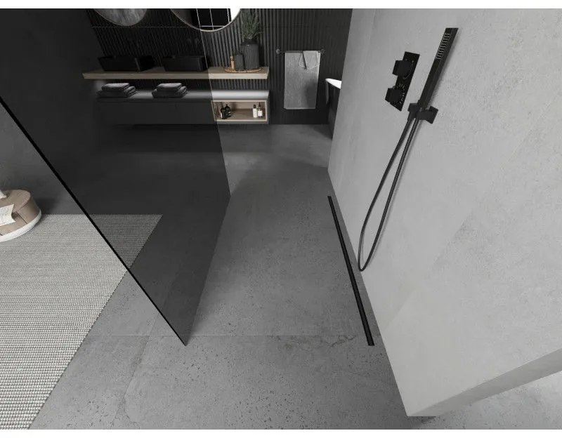 Mexen Kioto, átmenő zuhany paraván 120 x 200 cm, 8mm szürke üveg, 2x fekete stabilizáló távtartó, 800-120-002-70-40