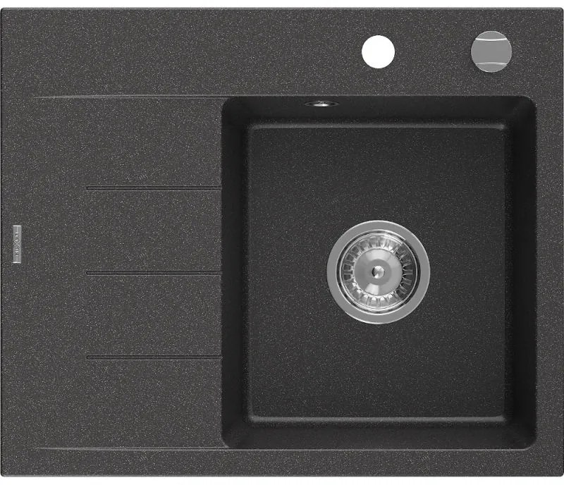 Mexen Ben gránit mosogató 1 medencés csepegtetővel, jobb oldali 600 x 500 mm, fekete pettyes, króm szifon - 6523605000-76