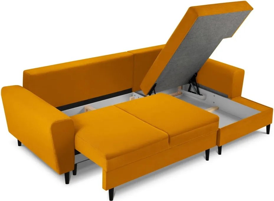 Mustársárga kordbársony kinyitható tárolóhelyes sarokkanapé (jobb oldali-heverő résszel) Kyoto – Cosmopolitan Design