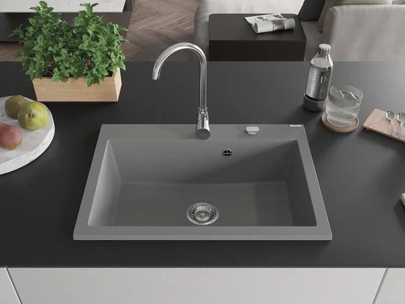 Mexen Elix gránit mosogató 1-medencés 700 x 500 mm, szürke, króm szifon - 6526701005-71