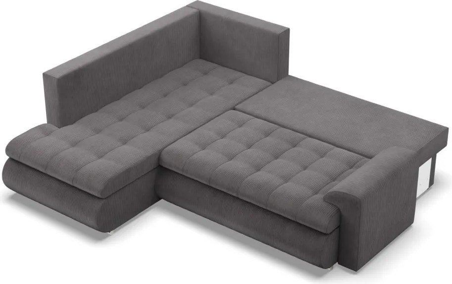 Tokio sarokkanapé, L alakú háttámlával, 2 ágyneműtartóval, kordbársony, baloldali, szürke