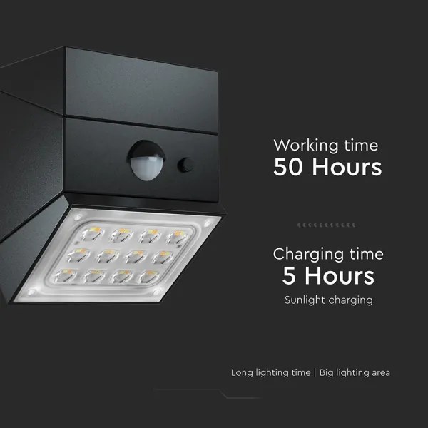 Falra szerelhető napelemes LED-lámpa érzékelővel LED/2,5W/3,7V IP65 1200 mAh fekete