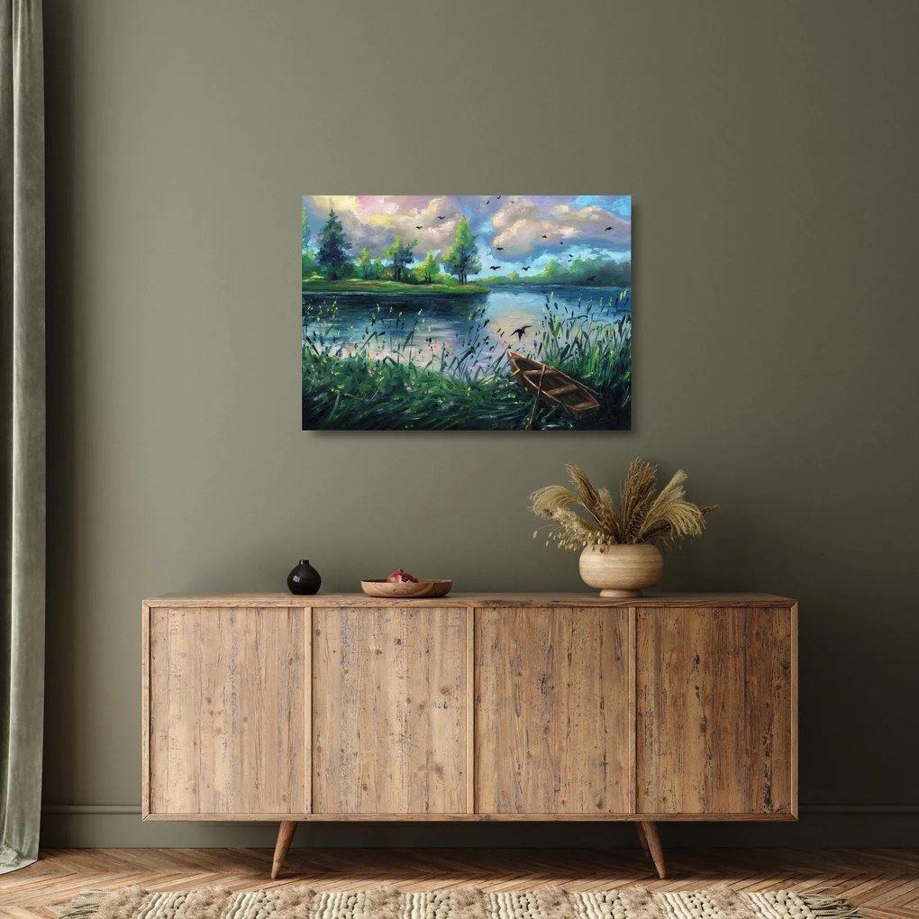 Kép - olajfestmény, Nyári este a tónál (üvegen) (70x50 cm)