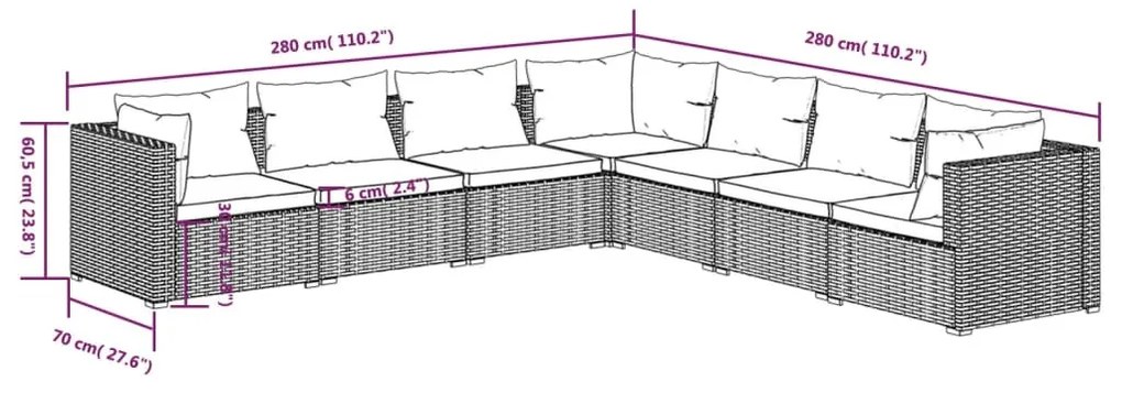 7 részes barna polyrattan kerti ülőgarnitúra párnákkal