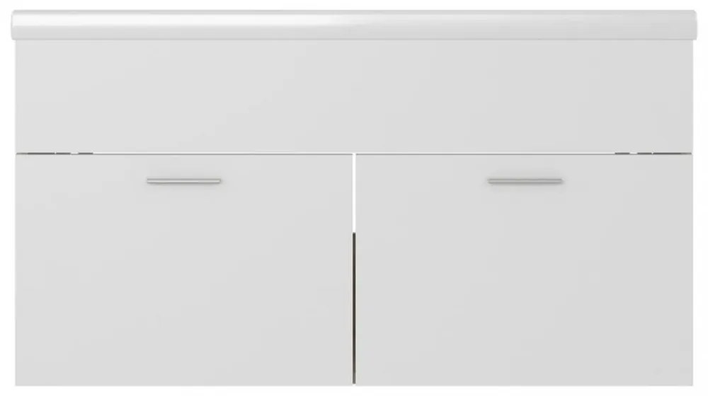 fehér, tölgyszínű szerelt fa mosdószekrény beépített kagylóval