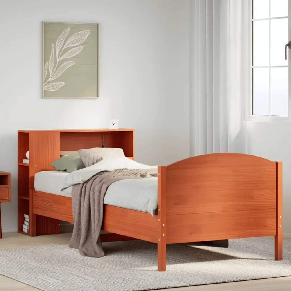 barna tömör fenyőfa könyvespolcos ágy matrac nélkül 75 x 190 cm