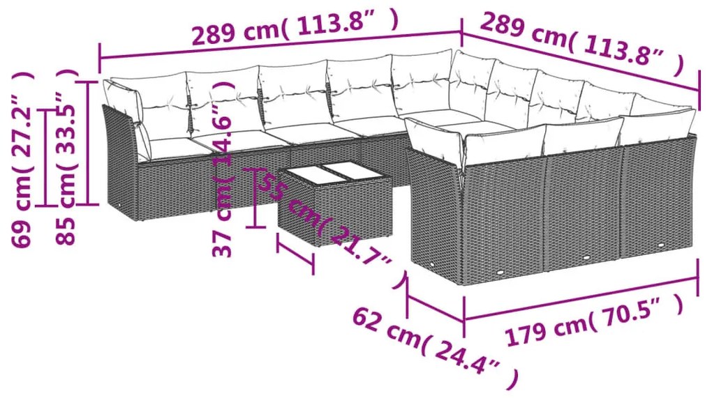 12 részes világosszürke polyrattan kerti ülőgarnitúra párnával