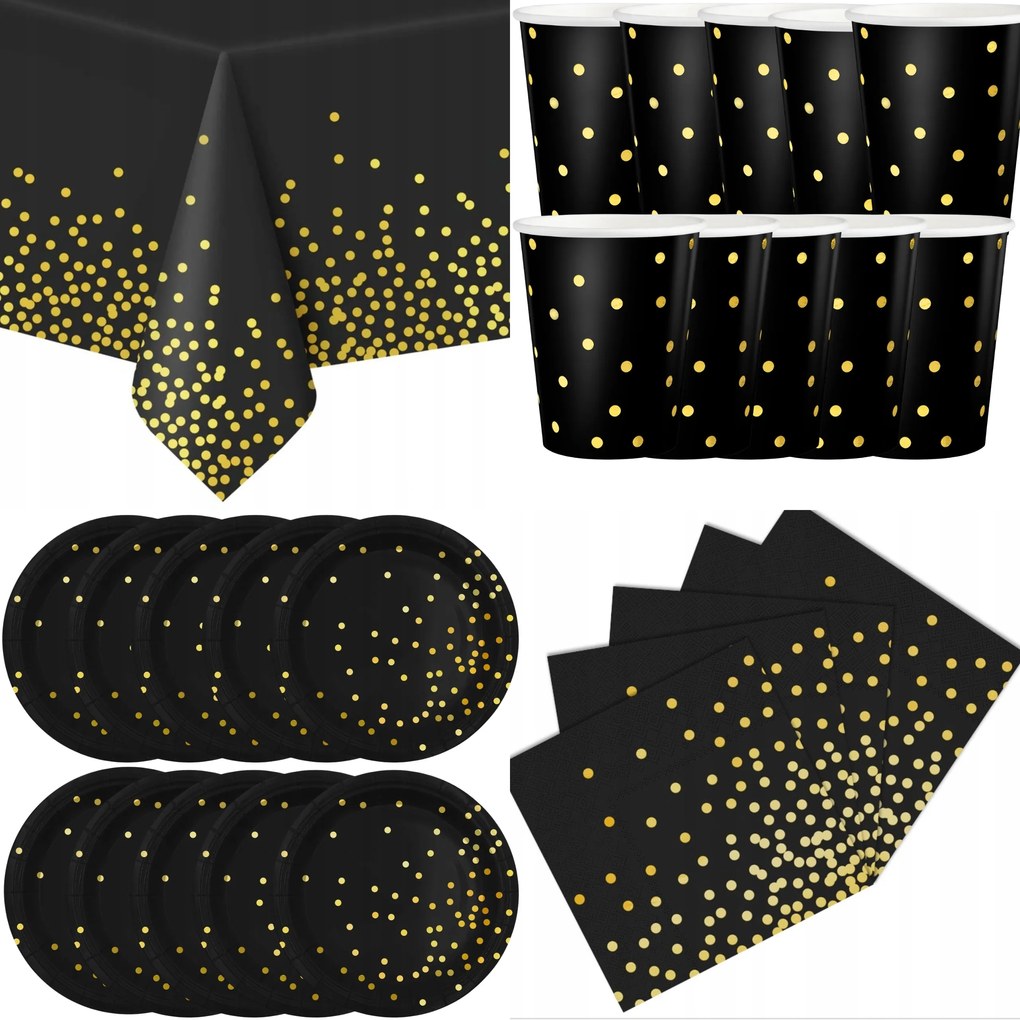 Pöttyös Szett Tányérok Bögrék Szalvéta Asztalterítő Fekete-arany Pöttyök