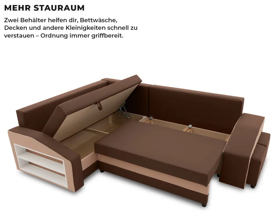 Grande sarokkanapé polcokkal és puffokkal , polc a bal karfaban puffok a jobb karfaban, baloldali, szövet anyag, bonell töltet, barna