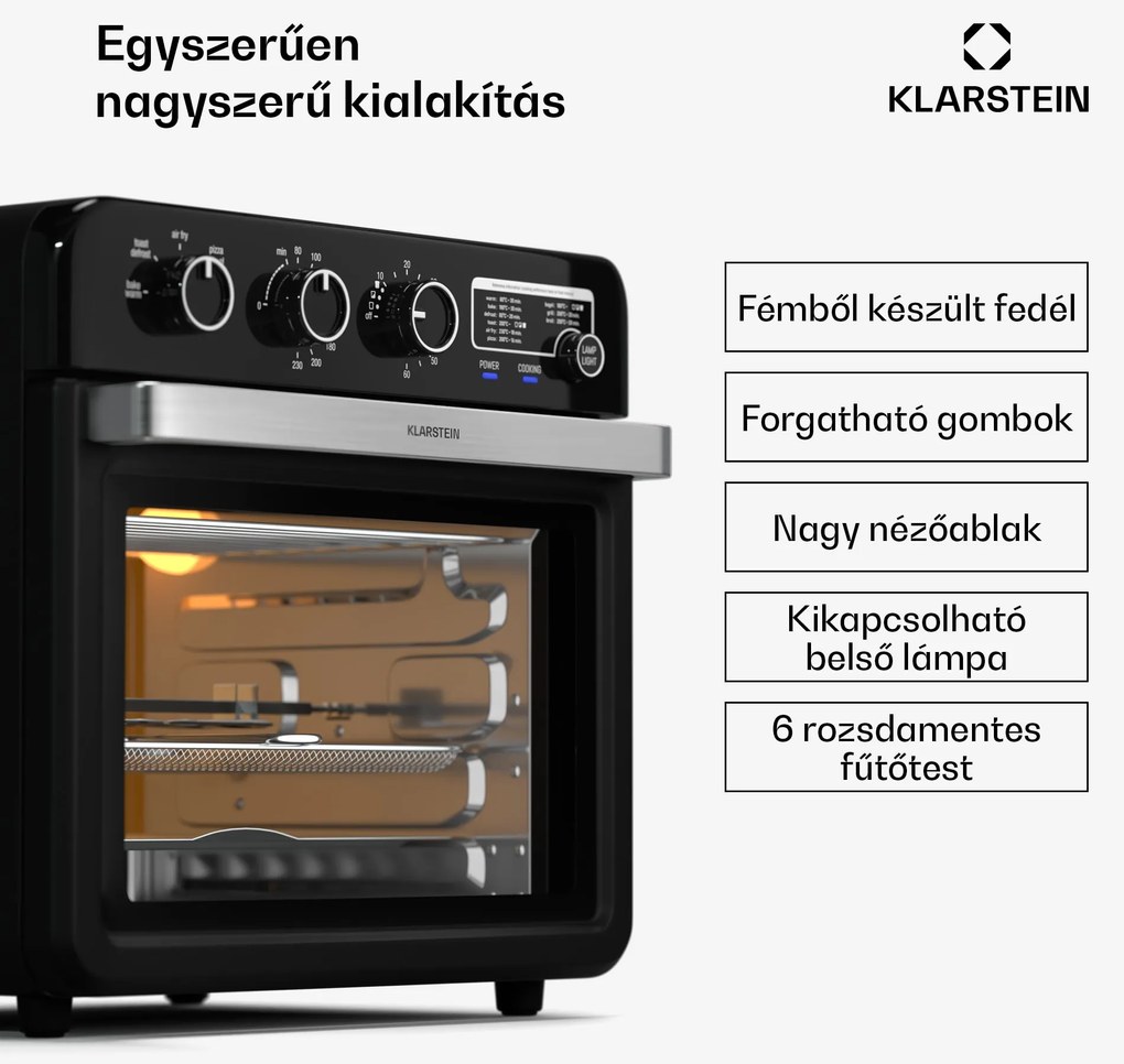 Klarstein Air Glaze forrólevegős sütő, 2000 W, 34 liter, panorámaablak, tartozékkészlettel együtt