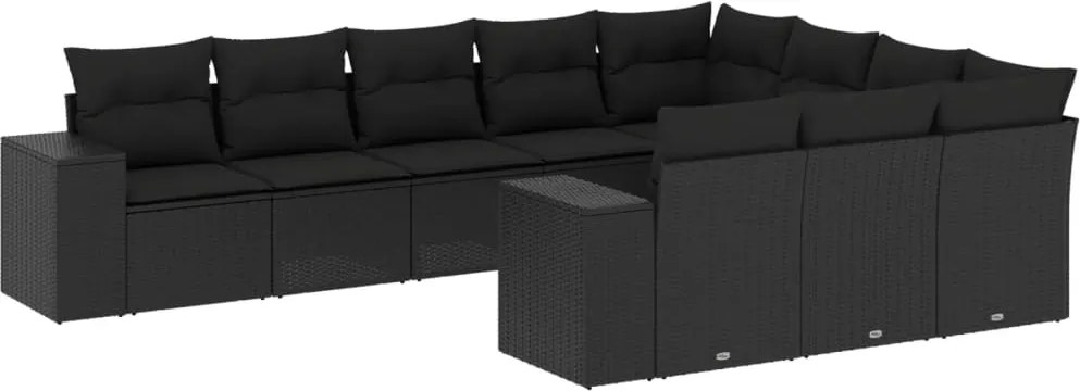vidaXL 10 részes fekete polyrattan kerti ülőgarnitúra párnákkal