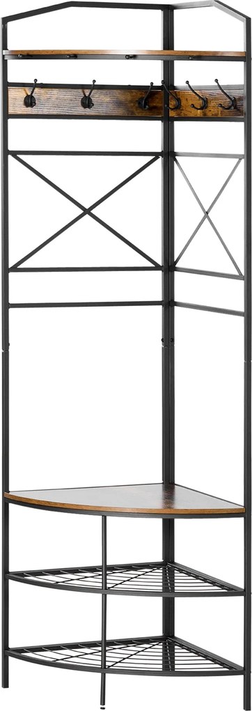 HOMCOM Szabadonálló Kabátállvány Fogasokkal, Sarok Belépő Kabátállvány Ülőfelülettel és Cipőtartóval, Ipari Stílusú Polc, 50x50x183cm, Rusztikus Barna