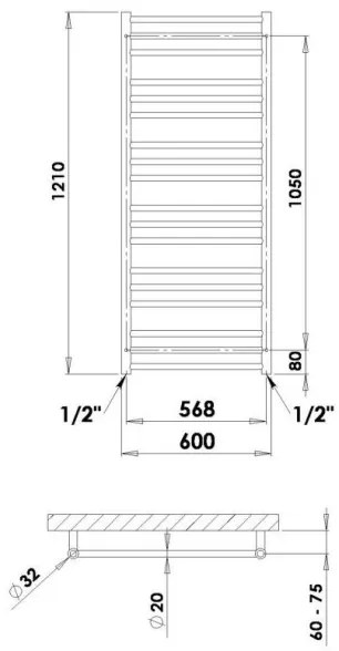 P.M.H. SN4C - SORANO fürdőszobai törölközőszárító radiátor, 470 W, 121 cm, fényes króm