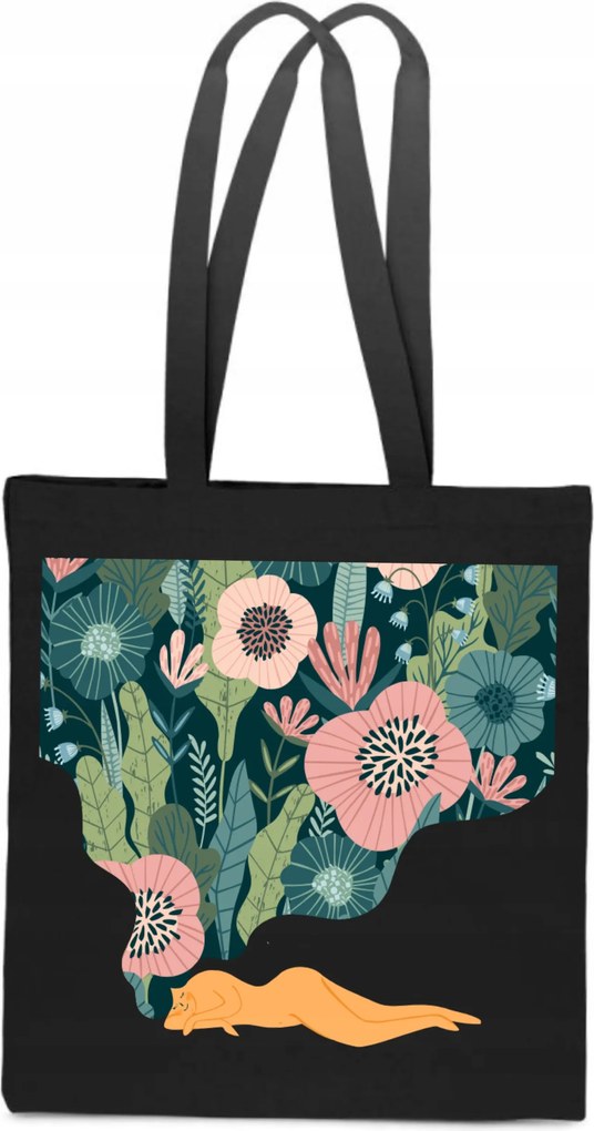 Öko pamut Táska Virágok színes rét tavaszi bevásárló fekete TT_249