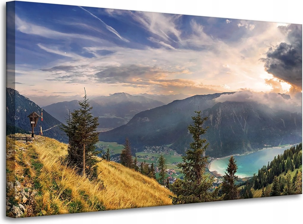 Vászonkép Nap a hegyek felett Felhők Falu 100x60 cm