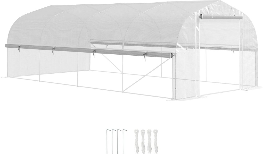 Outsunny Üvegház 6 x 3 x 2 m Polietilén Üvegház 8 Ablakkal és Ajtóval, Feltekerhető Oldalfalak, UV-álló Filmmal Borított Paradicsomház Horganyzott Acé
