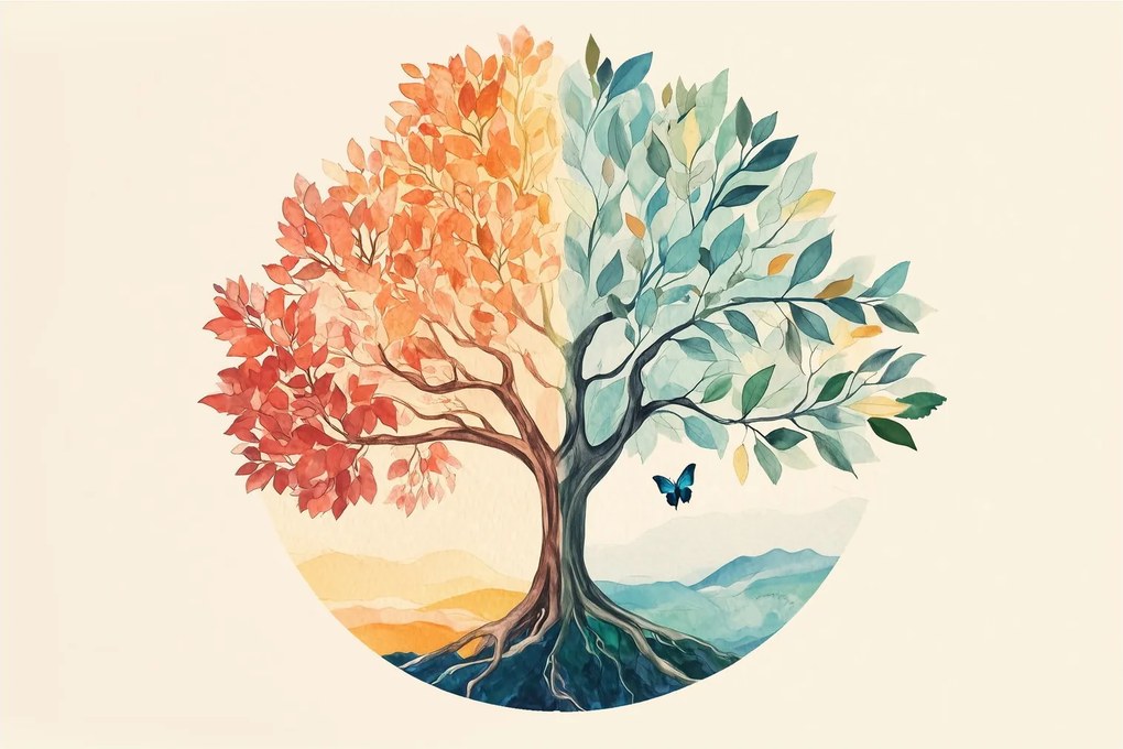Kép – Duális fa pillangóval (90x60 cm)