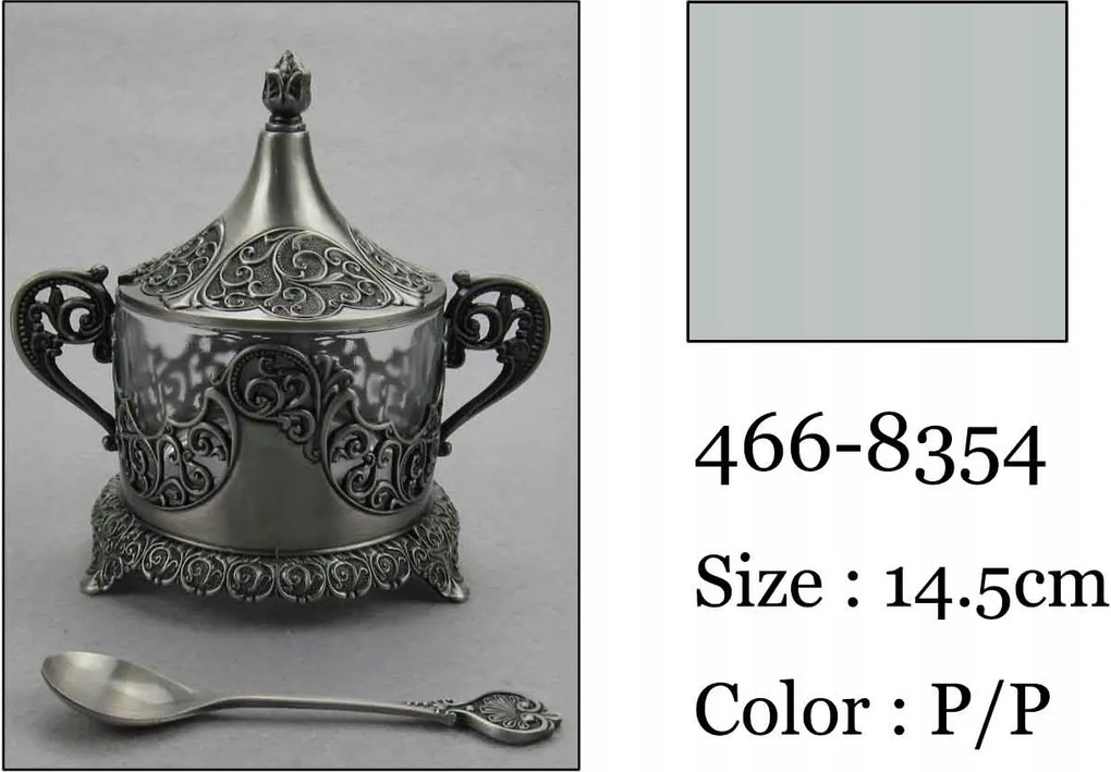 Stílusos Ezüst Cukortartó Ón Bevonatú Fém