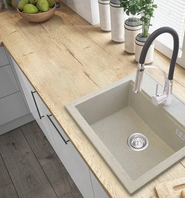 SINK Quality Mosogató Minőségi Ferrum Új 8010, 1 kamrás gránit mosogató 800x500x210 mm + króm szifon, bézs, SKQ-FER.8010.BX