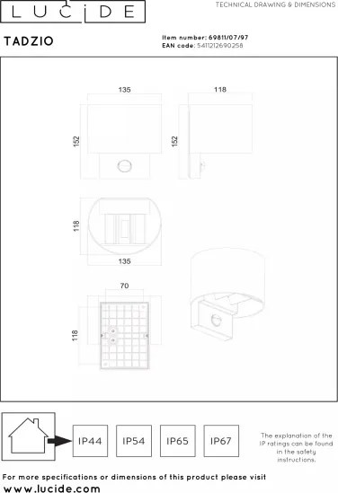 Lucide 69811/07/97-LED TADZIO mozgásérzékelős kültéri lámpa LED/7W/230V IP65