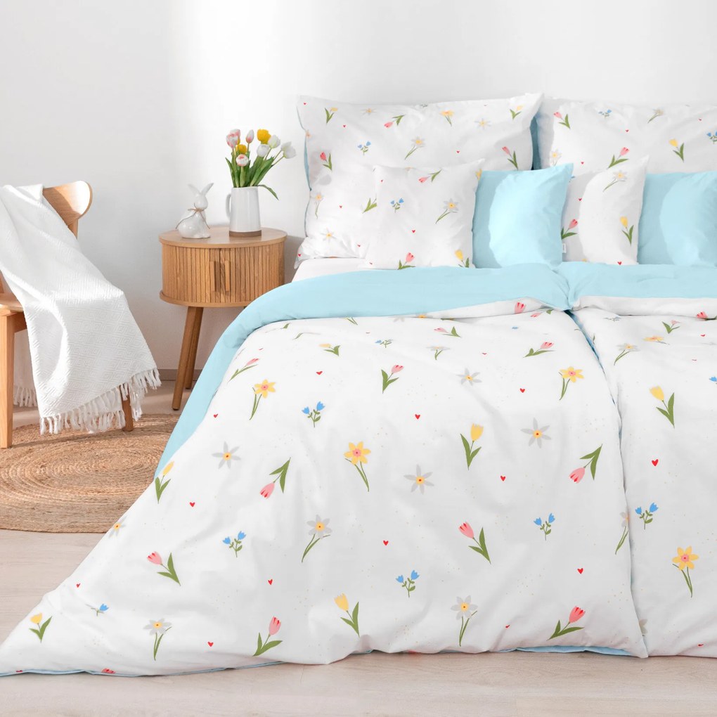 Goldea pamut ágyneműhuzat duo - virágos kert, égszínkék színű hátoldal 200 x 200 és 2db 70 x 90 cm