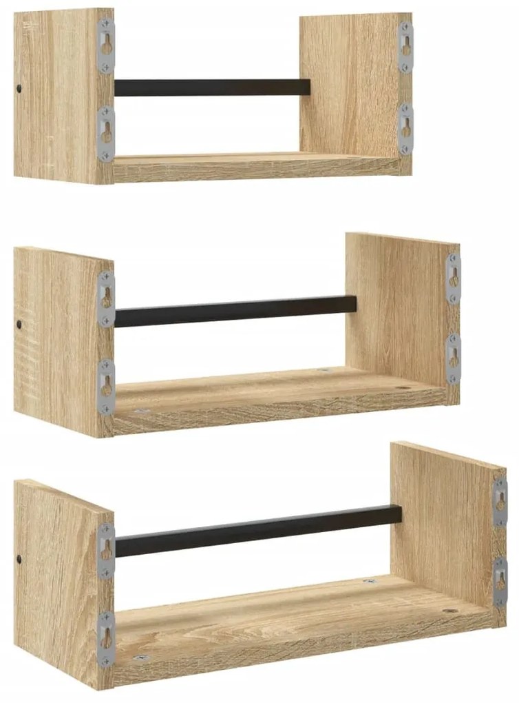3 darabos sonoma tölgyfa fali polcgarnitúra rúddal