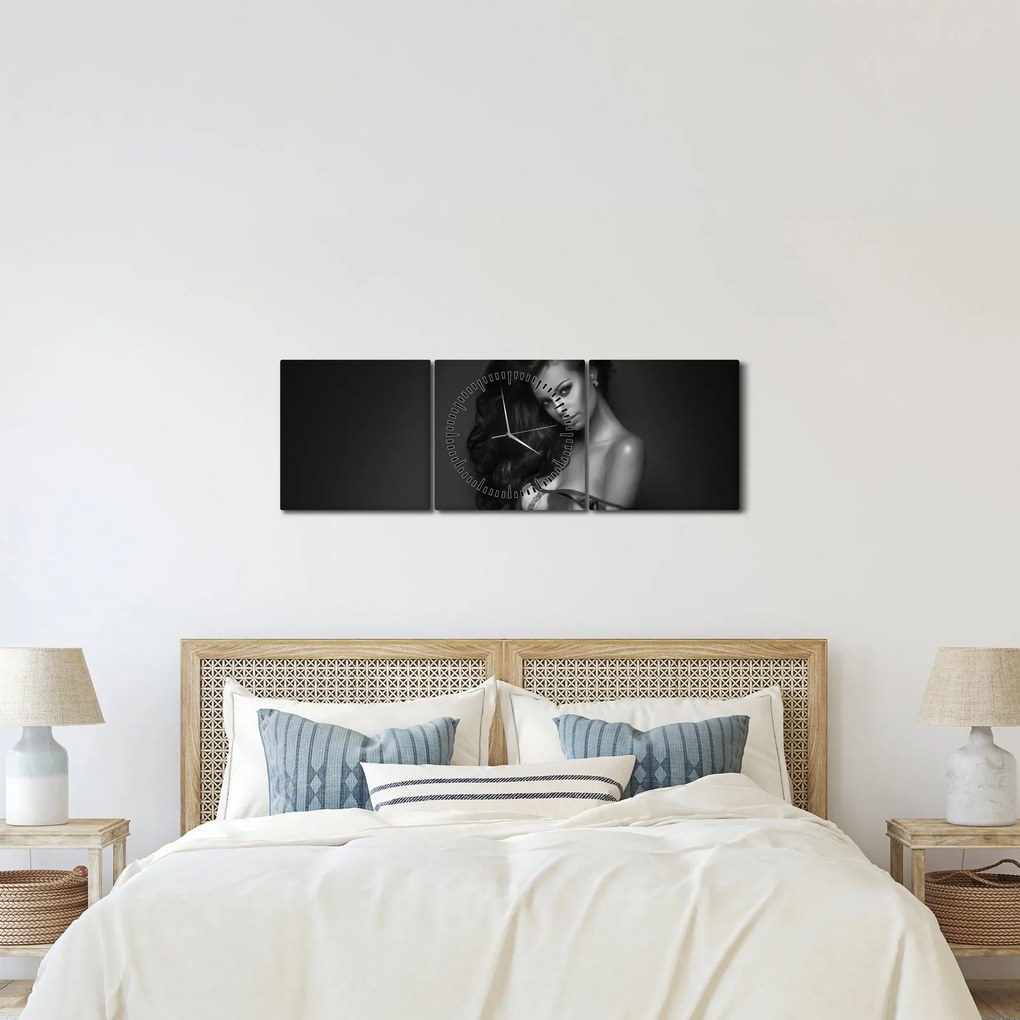 Kép - fekete, fehér, portré, közül, csábító, nő (órával) (90x30 cm)