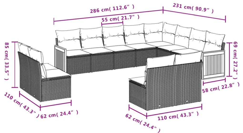 12 részes fekete polyrattan kerti ülőgarnitúra párnákkal