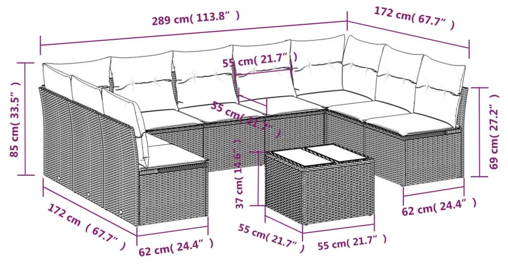 10 részes fekete polyrattan kerti ülőgarnitúra párnákkal