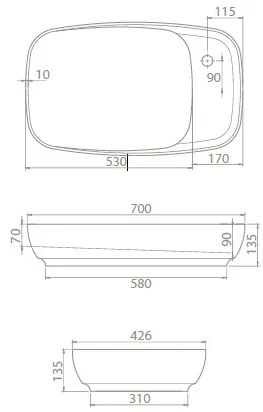 CeraStyle NEW NOVA - PULTRA ültethető - Top Counter - mosdó rejtett leeresztővel - 70 x 42 cm