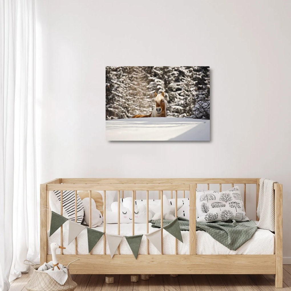 Üveg kép - Ló a téli tájban (70x50 cm)