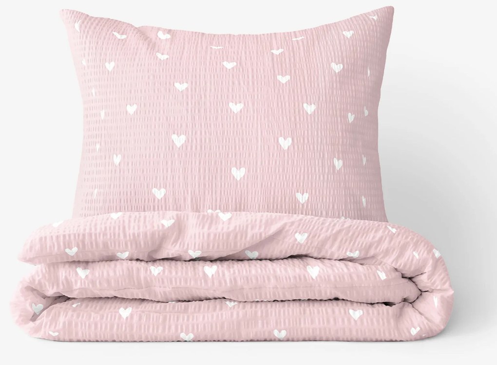 Goldea krepp ágyneműhuzat - szívecskék, púderrózsaszín alapon 140 x 220 és 70 x 90 cm