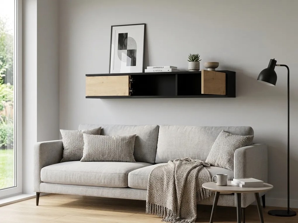 Fali polc szekrényekkel LANZZI 120 cm, fekete/tölgy