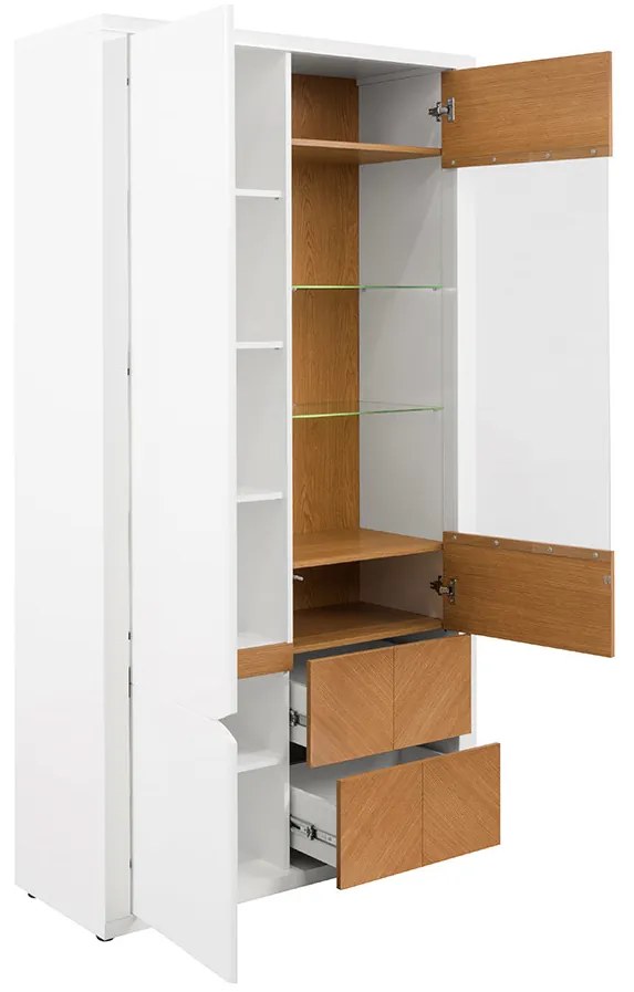 Vitrin Rovika REG1D1W2S (fehér fényes + natúr tölgy) (LED világítással). Akció -18%. 1025976