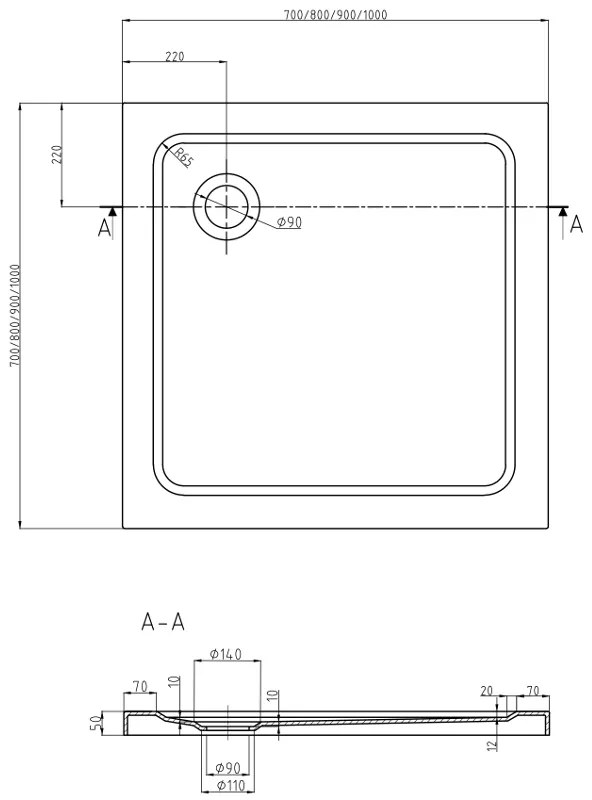 Mexen SLIM - Négyzet alakú zuhanytálca 70x70x5cm + fekete szifon, fehér, 40107070B