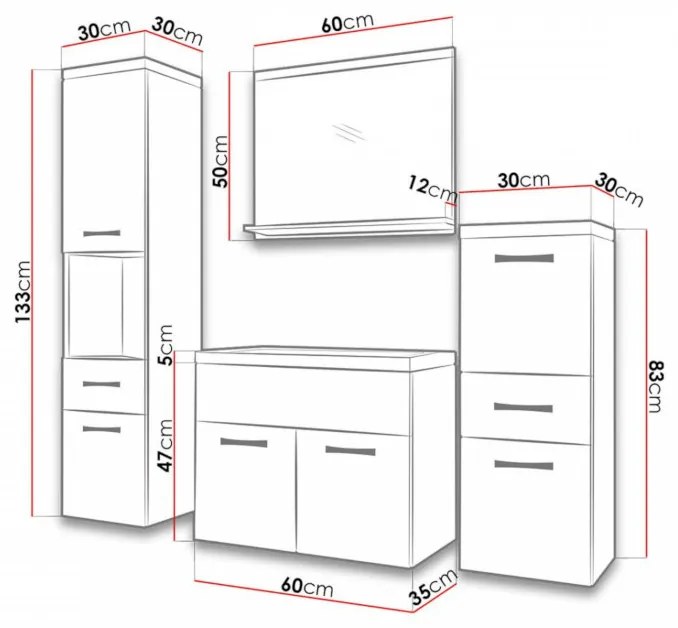 LABA fürdőszoba összeállítás mosdóval, tölgy/magasfényű fehér