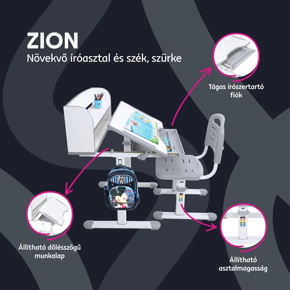 Növekvő íróasztal és szék, szürke/fehér, set ZION