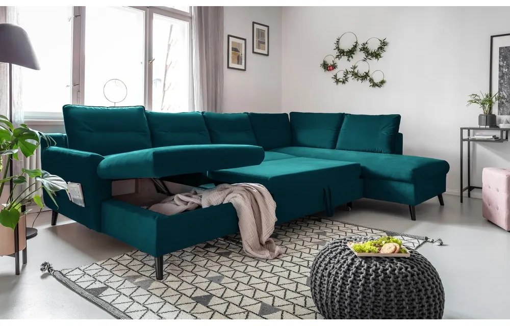 Stylish Stan türkiz kinyitható U alakú bársony kanapé, jobb oldali - Miuform