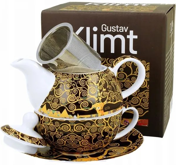 Porcelán egyszemélyes teáskészlet teáskanna és csésze aljjal Klimt Életfa