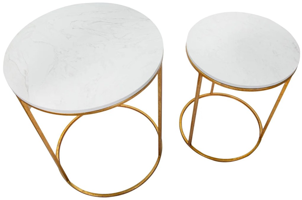 fém kisasztal szett fehér márvány lappal – 2 db – aranyszínű