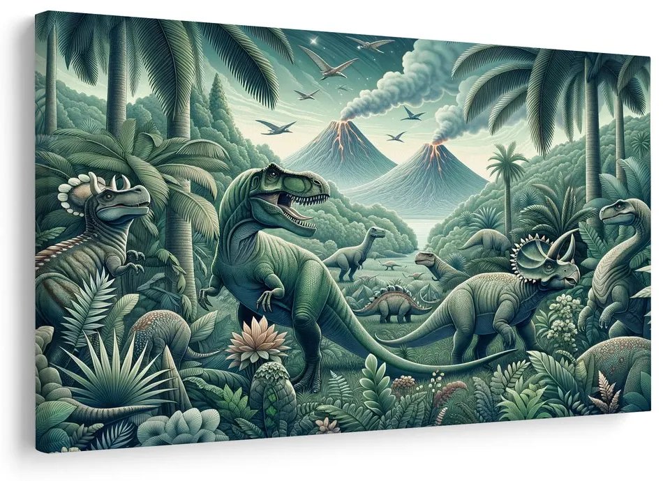 Kép dinoszauruszok vulkános őserdőben
