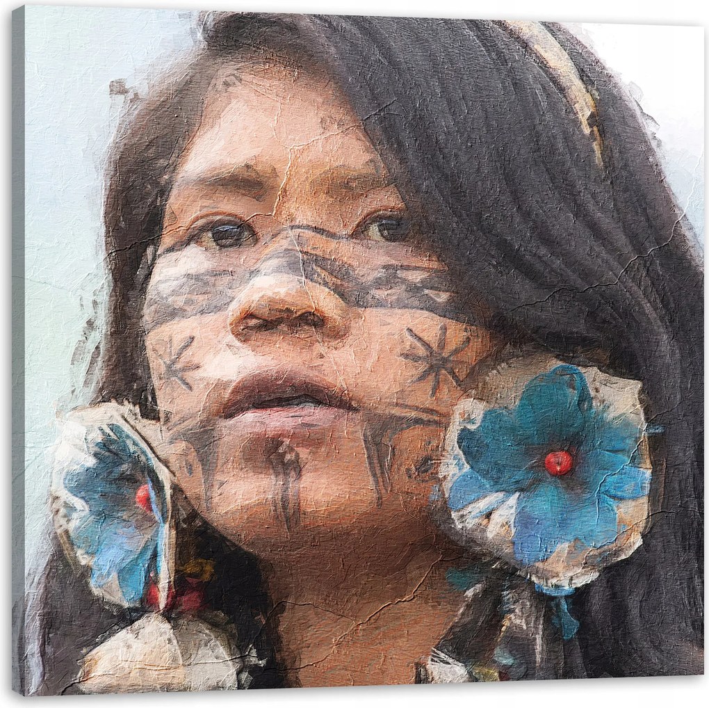 Vászonkép Festett Lány Arc Virágok 90X90 cm