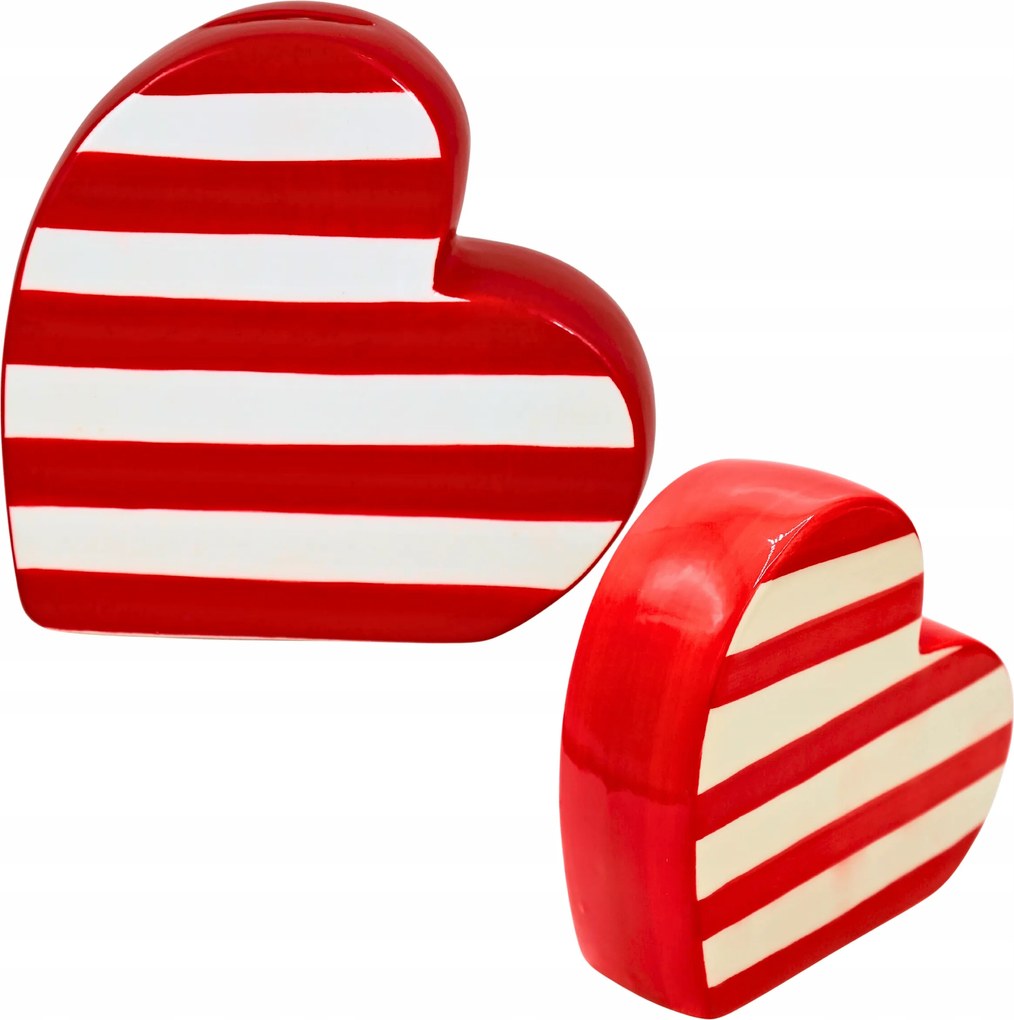 Kerámia szív csíkos fehér-piros persely 13cm