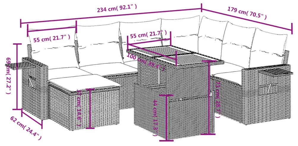 8 részes fekete polyrattan kerti ülőgarnitúra párnákkal