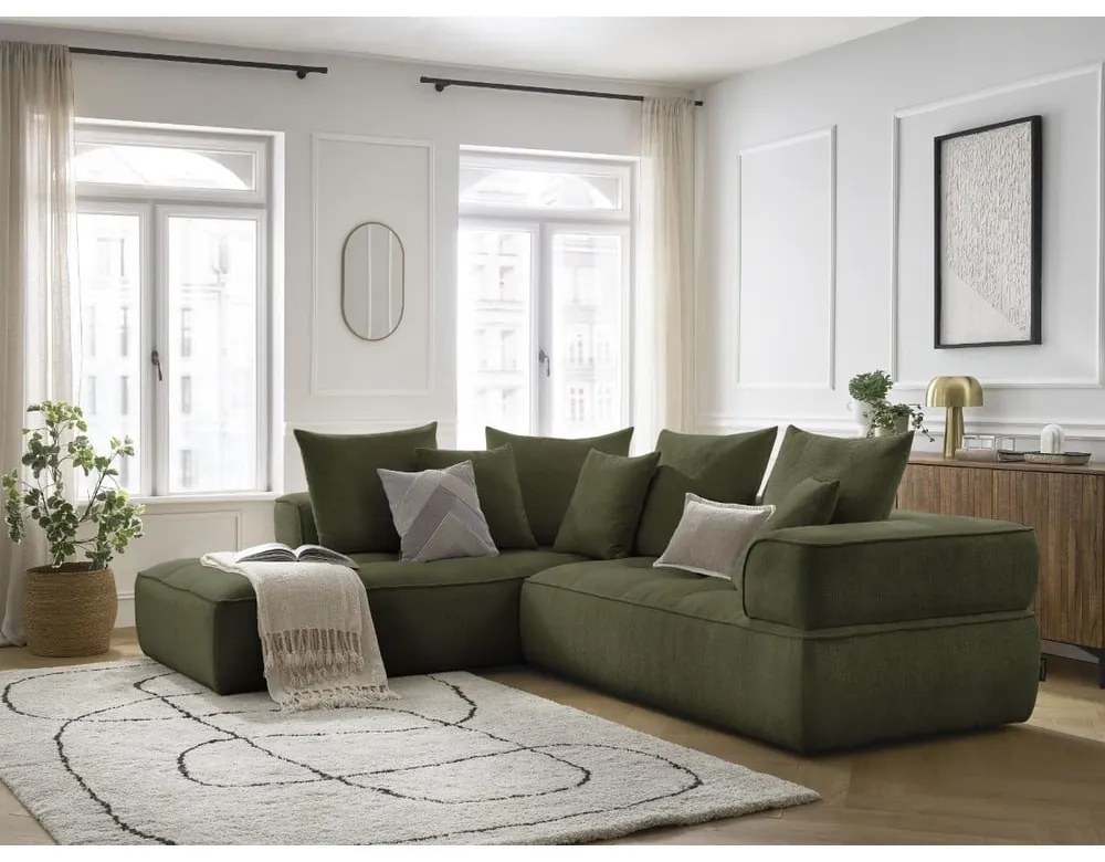 Zöld zsenília sarokkanapé (bal oldali-L alakú) Whesley – Bobochic Paris