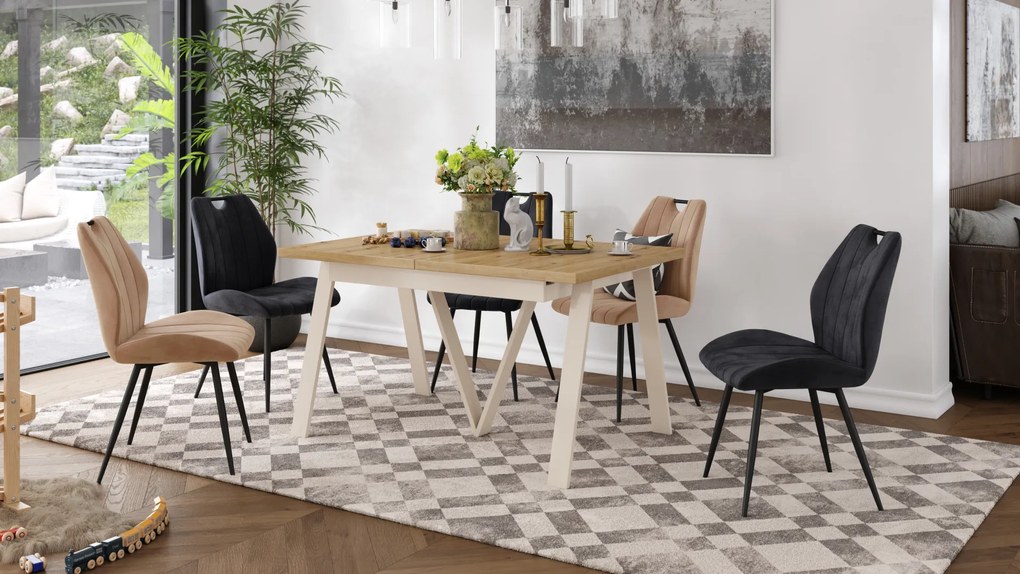 Mazzoni AVERY Artisan Tölgy/alja bézs (pezsgő) - BŐVÍTHETŐ LOFT/IPARI STÍLUSÚ ASZTAL NAPPALIBA/ÉTKEZŐBE - 2 MÉRET!