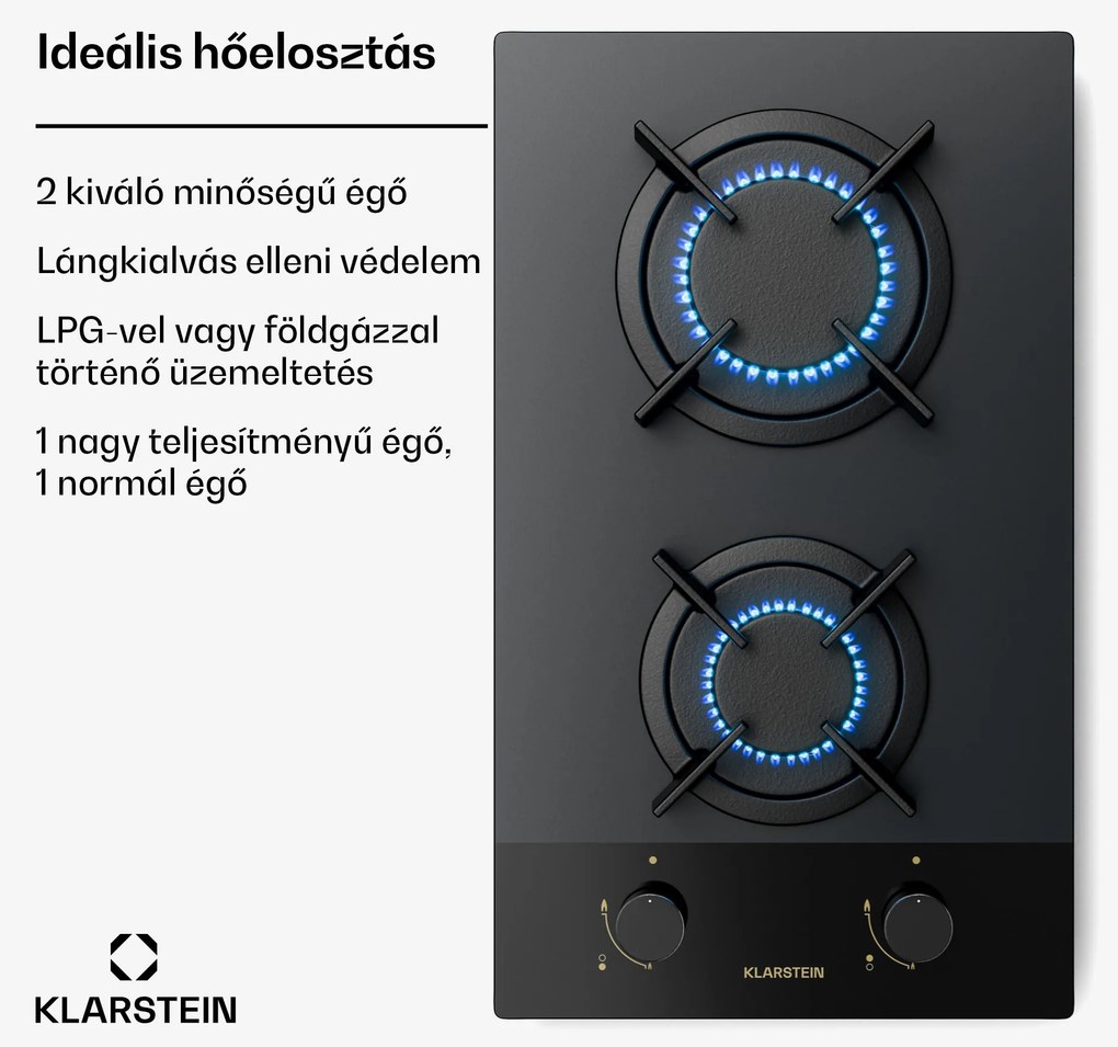 Klarstein Goldflame Nano gáz főzőlap, 2 sárgaréz égő, Nano bevonat, LPG/földgáz